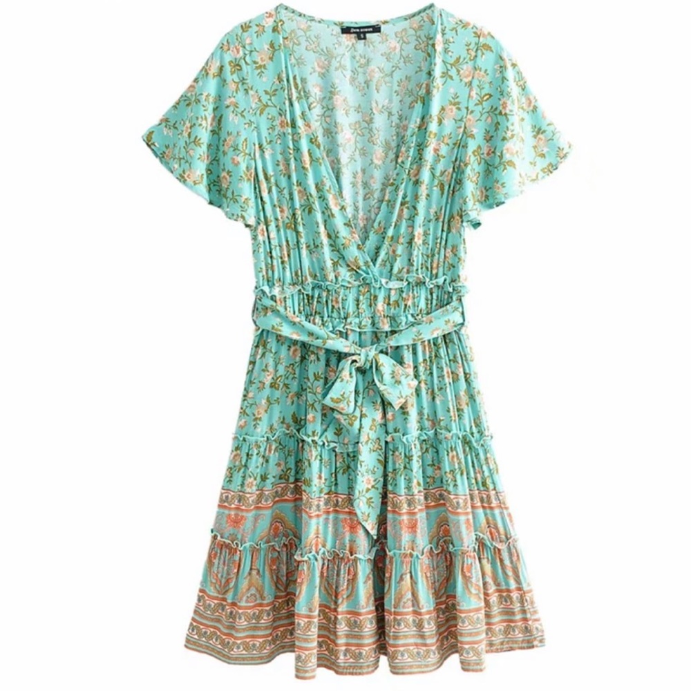 Boho Floral Gypsy Print Dress Mint Ruffle Frill - Picture 4 of 9
